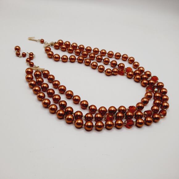 Vintage Japan 1950s Copper Pearl Necklace 3-Strand w/ Topaz Crystals, 18" - Picture 6 of 11